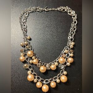 Lane Bryant Faux Pearl Acrylic Bead Silver Tone Double Layer Chunky Necklace